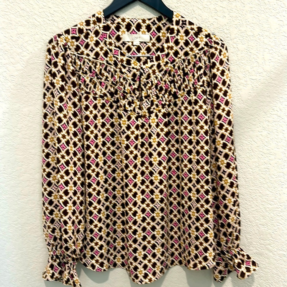 Loft large blouse brown and pink and white